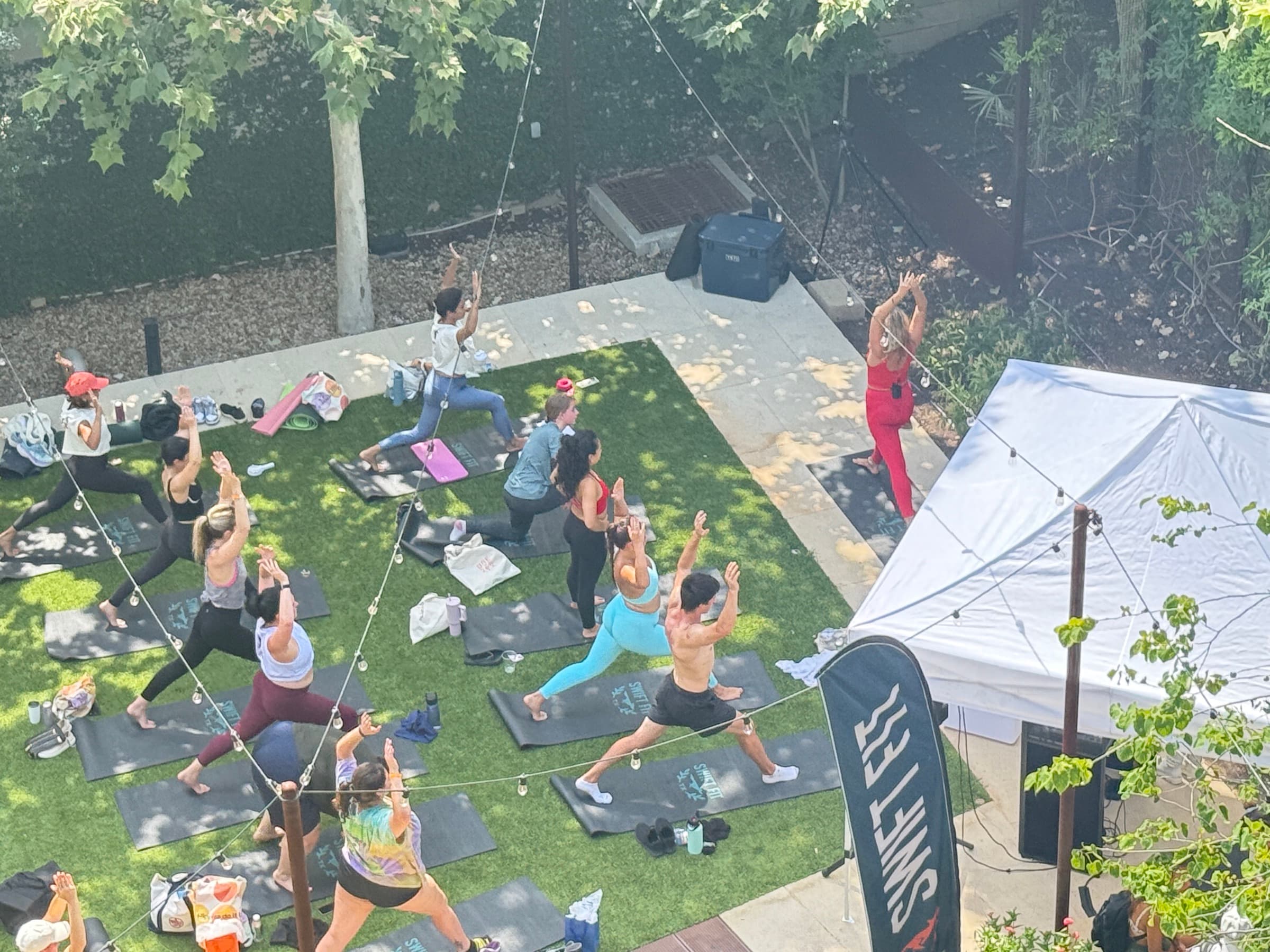 Liz leading a garden yoga class under string lights, seen from above